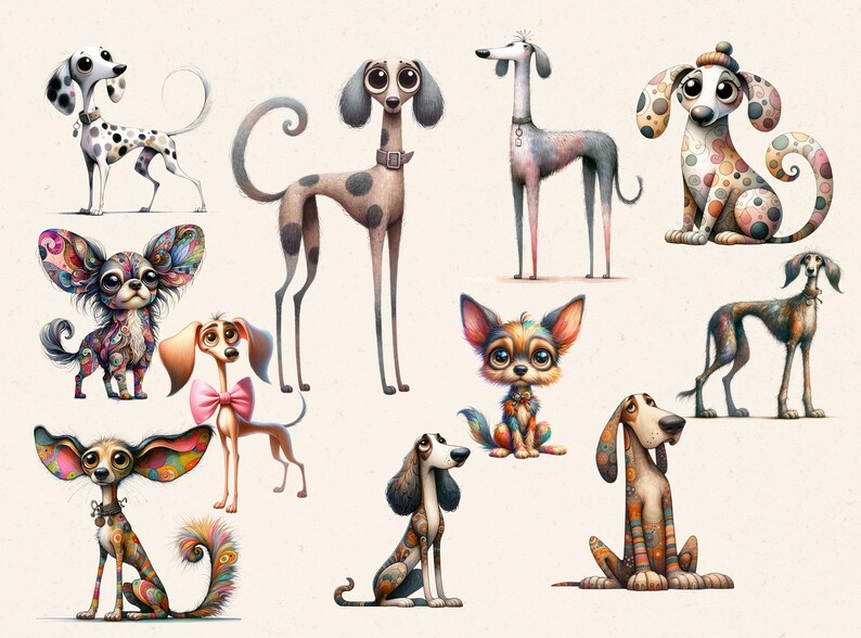 K&ouml;nnte beinhalten: Eine Sammlung von zehn illustrierten Hunden mit bunten Mustern und Designs. Die Hunde sind in verschiedenen Posen, darunter sitzend, stehend und liegend. Die Illustrationen sind in einem skurrilen Stil mit leuchtenden Farben und kr&auml;ftigen Linien gehalten.