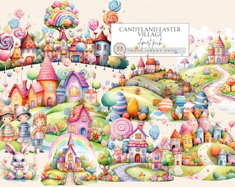 Candyland Easter Village Clipart: Whimsical Houses, Bunnies (PNG Digital Download)
