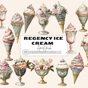 Eis Thema Clipart, Regency Eiscreme, Aquarell Eistüte Clipart, Pink und Salbei grün, Pastelleis, Eisbecher Png