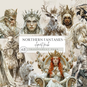Könnte beinhalten: Ein digitales Clipart-Paket mit 43 Fantasy-Charakteren und -Kreaturen in einem weißen und goldenen Farbschema. Das Paket enthält einen Wolf, einen Hirsch, einen Raben, eine Königin, einen König und einen Krieger. Der Text "NORTHERN FANTASIES clipart pack 43 TRANSPARENT PNGS" wird in der Mitte des Bildes angezeigt.