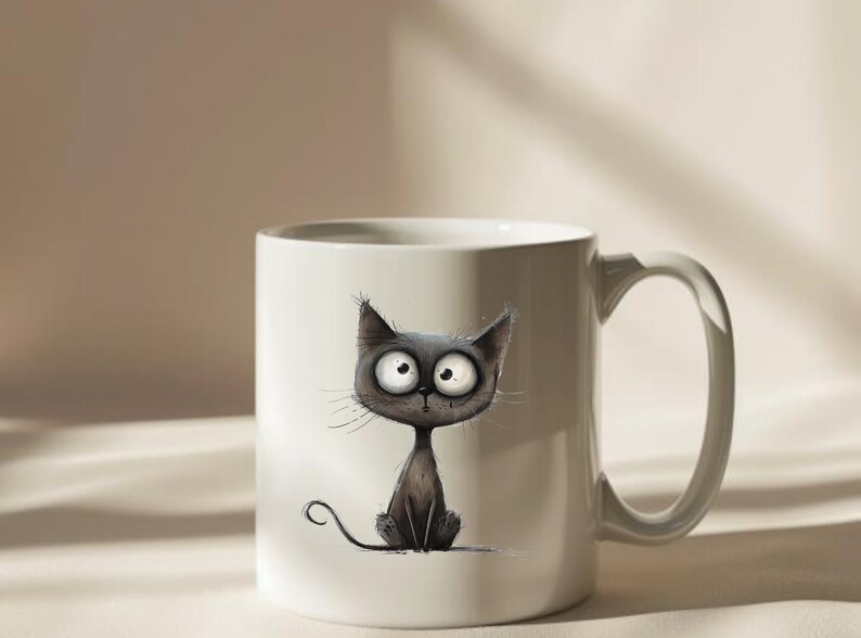 Puede incluir: Taza de cer&aacute;mica blanca con una ilustraci&oacute;n de un gato negro. El gato tiene ojos grandes y una expresi&oacute;n de sorpresa. La taza tiene un asa.