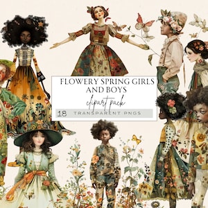 Skurrile Mädchen Clipart, launische Mädchen Clipart, Frühling Clipart, blumige Junk Journal Clipart, Afro Amerikanische Mädchen und Jungen, Folklore