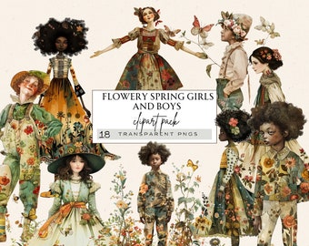 Whimsical Quirky Girl Clipart, Whimsy Girl Clipart, Spring Girl Clipart, Flowery Junk Journal Clipart, Afro American Girls And Boys, Folk