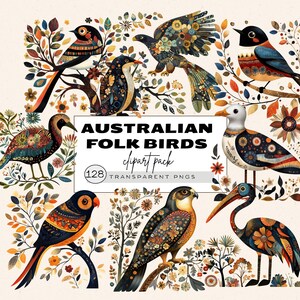 Clipart di uccelli kiwi, clipart di uccelli australiani, clipart di arte popolare scandinava, clipart australiana, uccelli floreali popolari, piccolo pinguino floreale australiano