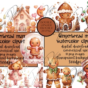 Acquerello Gingerbread Man Clipart, bundle DOUBLE TROUBLE, download digitale, clipart di qualità, disegni natalizi rosa, per inviti, cartoline