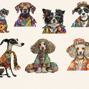 May include: A collection of seven dogs dressed in colorful, patterned clothing. The dogs are wearing hats, scarves, and jackets with floral and geometric designs. The dogs are all looking at the camera.