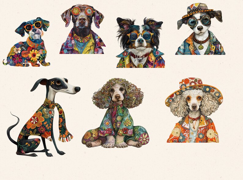 May include: A collection of seven dogs dressed in colorful, patterned clothing. The dogs are wearing hats, scarves, and jackets with floral and geometric designs. The dogs are all looking at the camera.