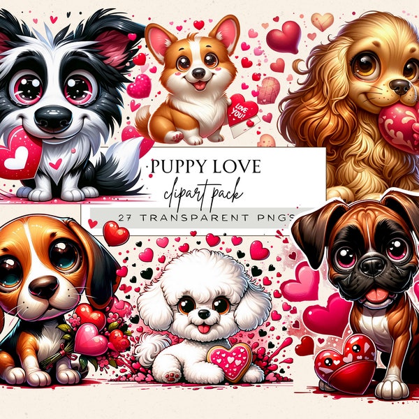 Valentines Puppies Clipart, Dog Breeds Clipart, Valentine Dog Breeds Png, Groovy Valentine Clipart, Quirky Animals Clipart, Whimsical Png