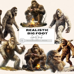 May include: A digital clipart pack of 21 realistic Bigfoot images. The images are in PNG format and have transparent backgrounds. The Bigfoot are depicted in various poses, including standing, sitting, and walking. The images are perfect for use in digital scrapbooking, card making, and other creative projects.