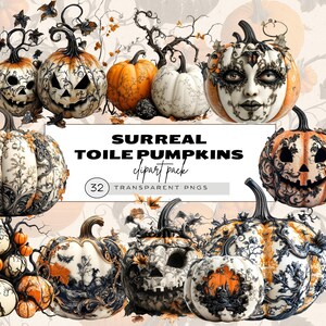 May include: A set of 32 digital clipart images of Halloween pumpkins with a toile pattern. The pumpkins are in various colors, including white, orange, and black. The pumpkins have intricate designs and are perfect for adding a touch of whimsy to your Halloween decorations.