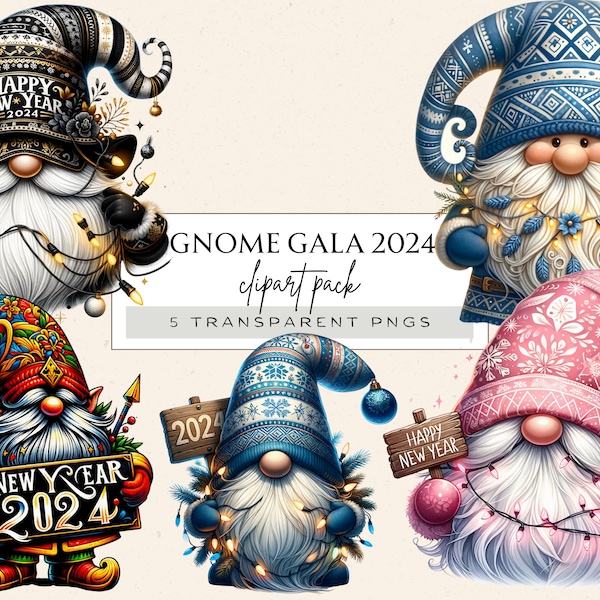 New Year Gnomes Clipart, Happy New Year Gnome Png, Lovely Gnomes Clipart Pack, Clipart Bundle, Celebration Gnomes Png, Happy New Year Png