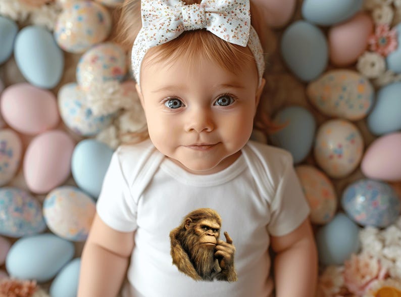 May include: A baby wearing a white onesie with a graphic print of a hairy creature with a finger to its lips. The baby is surrounded by pastel blue and pink Easter eggs.