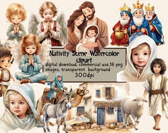 Nativity Scene Watercolor clipart, Christmas bundle, commercial use, cards, nativity png, junk journal, high resolution, Christmas scenes