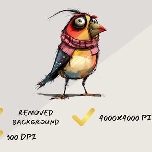 May include: A cartoon bird with a red, yellow, and blue body, wearing a pink scarf. The bird has a large, round head with a black eye and a small, pointed beak. The bird is standing on a white background.
