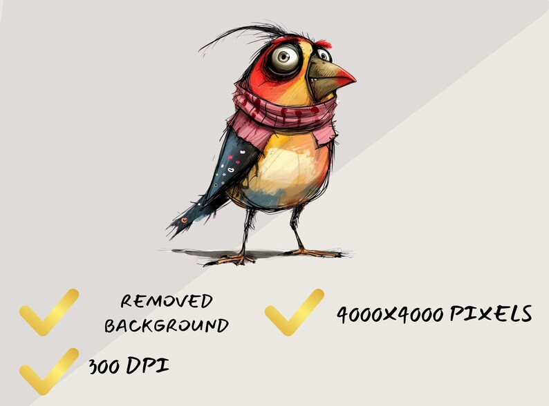 May include: A cartoon bird with a red, yellow, and blue body, wearing a pink scarf. The bird has a large, round head with a black eye and a small, pointed beak. The bird is standing on a white background.