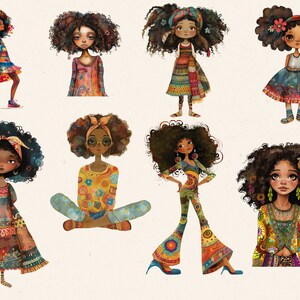 May include: A collection of eight illustrations of girls with curly brown hair, each in colorful, patterned clothing. The girls are depicted in various poses, some standing, some sitting, and some with accessories like headbands and sunglasses. The overall style is whimsical and artistic.