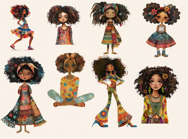May include: A collection of eight illustrations of girls with curly brown hair, each in colorful, patterned clothing. The girls are depicted in various poses, some standing, some sitting, and some with accessories like headbands and sunglasses. The overall style is whimsical and artistic.