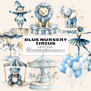 Clipart aquarelle bleu carrousel, cheval de carrousel, clipart aquarelle cirque pastel, ours du cirque Png, clipart animaux du cirque, clown mignon Png