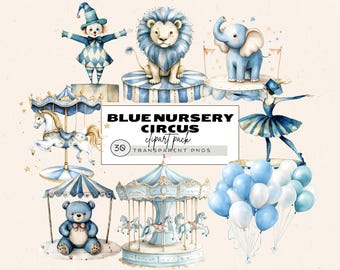 Blue Carousel Watercolor Clipart, Carousel Horse, Pastel Circus Watercolor Clipart, Circus Bear Png, Circus Animals Clipart, Cute Clown Png
