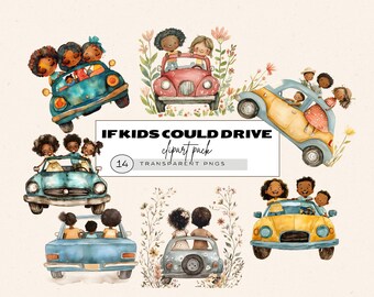 Kids Driving Car Clipart Pack, Nursery Birthday Clipart, Little Racer Clipart, Little Driver Clipart, African American School Children