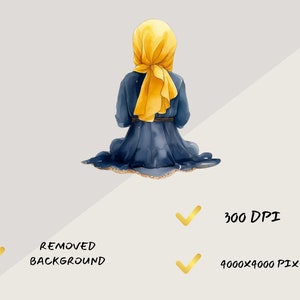 May include: A watercolor illustration of a person wearing a blue dress and a yellow headscarf. The person is sitting with their back to the viewer.