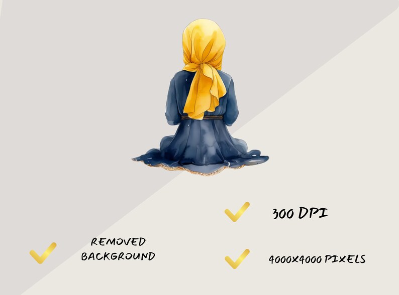 May include: A watercolor illustration of a person wearing a blue dress and a yellow headscarf. The person is sitting with their back to the viewer.
