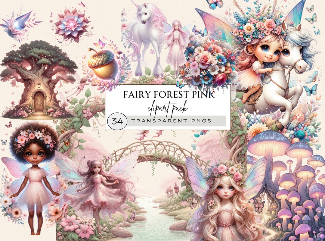 Magical Flower Fairy Garden Clipart, Pink Fairy Garden and Mushroom ...