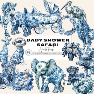 Shower de bébé Safari Toile, Clipart Toile de Jouy, Toile De Jouy Png, Clipart floral bleu Français, Clipart Baby Shower Cigogne, Shower de bébé garçon