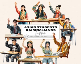 Clipart Bundle Teenager, Teenage Girl Clipart, Teenager Clipart, Asian Students Raising Hands, Clipart For High School Teachers, Student Png