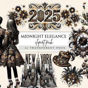 Aquarelle des cliparts Saint-Sylvestre, Happy New Year 2025 Clipart, Clipart frontières, horloge du nouvel an png, bouteille de Champagne png, or et noir png