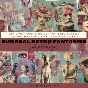 Pagine di diario retrò surreale, effimeri surreali, diario rosa surreale, arte vintage con tecniche miste, carta surreale e stravagante, artigianato