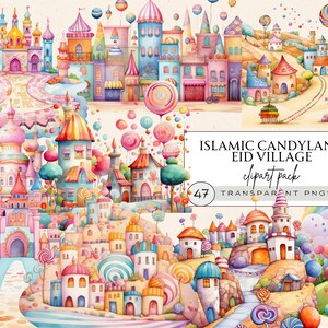 May include: A digital clipart pack of 47 illustrations featuring a whimsical candyland village with colorful houses, candy canes, and lollipop trees. The text "ISLAMIC CANDYLAND EID VILLAGE clipart pack 47 TRANSPARENT PNGS" is displayed on a white background.