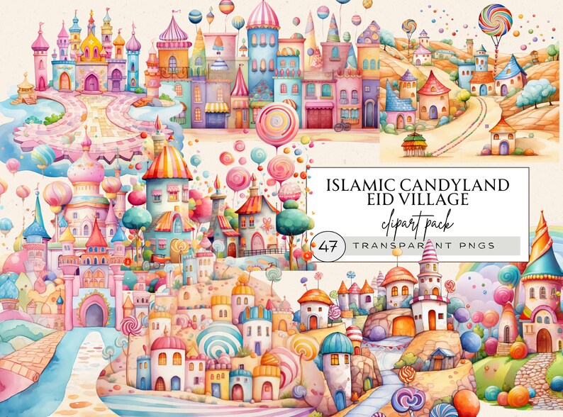 May include: A digital clipart pack of 47 illustrations featuring a whimsical candyland village with colorful houses, candy canes, and lollipop trees. The text "ISLAMIC CANDYLAND EID VILLAGE clipart pack 47 TRANSPARENT PNGS" is displayed on a white background.