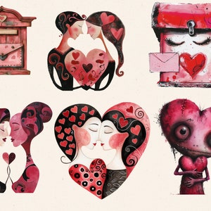 May include: A collection of watercolour illustrations with a Valentine's Day theme. The image includes a red postbox, figures embracing a heart, figures kissing, and a heart-shaped creature. The colour scheme is red, black, and pink.