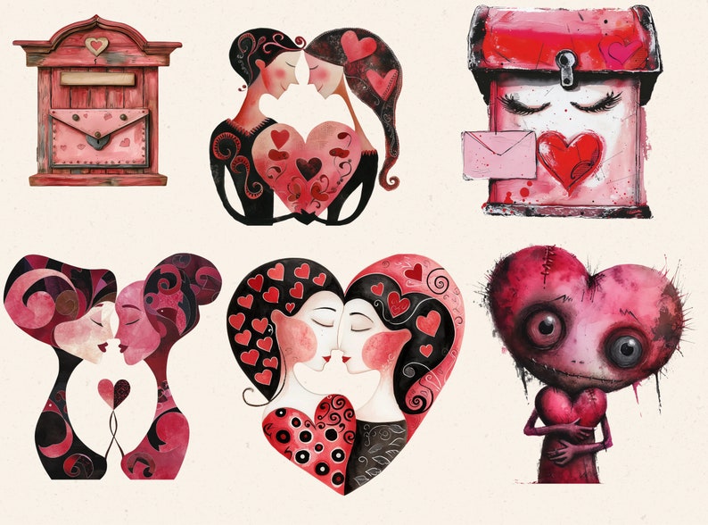 May include: A collection of watercolour illustrations with a Valentine's Day theme. The image includes a red postbox, figures embracing a heart, figures kissing, and a heart-shaped creature. The colour scheme is red, black, and pink.