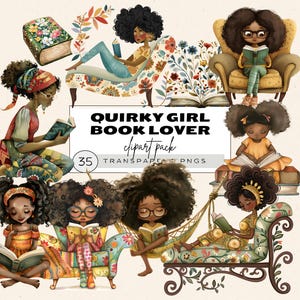 Black Girl Book Lover Clipart, Book Worm Clipart, Floral Books Clipart, Boho Book Lover, boekrand Clipart, Floral Book Png, Quirky Girl