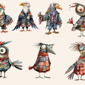 May include: Six whimsical bird illustrations with colorful patchwork patterns and unique personalities. Each bird has a different style of clothing and accessories, including scarves, hats, and vests.