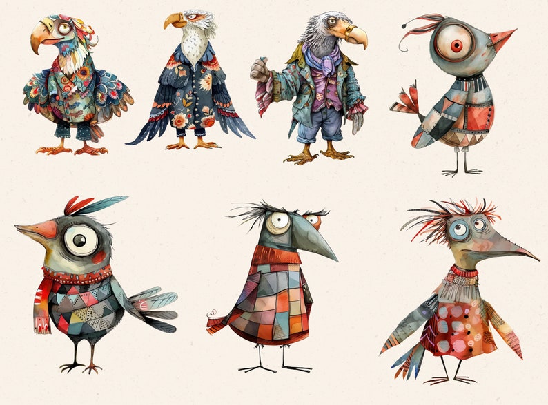 May include: Six whimsical bird illustrations with colorful patchwork patterns and unique personalities. Each bird has a different style of clothing and accessories, including scarves, hats, and vests.