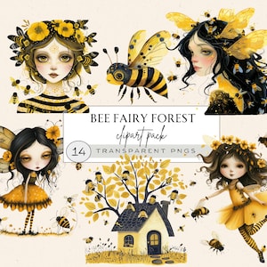 Może przedstawiać: Zestaw 14 cyfrowych obrazów clipart przedstawiających wróżki pszczoły w leśnym otoczeniu. Wróżki są ubrane na żółto i czarno z pszczelimi skrzydłami i kwiatowymi koronami. Obrazy obejmują wróżkę pszczołę z domem w kształcie ula, wróżkę pszczołę z drzewem i wróżkę pszczołę z kwiatem.