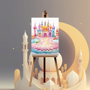 May include: Watercolor painting of a colorful castle on an easel. The castle features pink, blue, and yellow towers and turrets. The painting is set against a backdrop of a crescent moon and architectural elements.