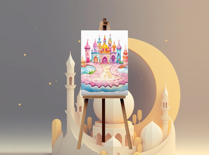 May include: Watercolor painting of a colorful castle on an easel. The castle features pink, blue, and yellow towers and turrets. The painting is set against a backdrop of a crescent moon and architectural elements.