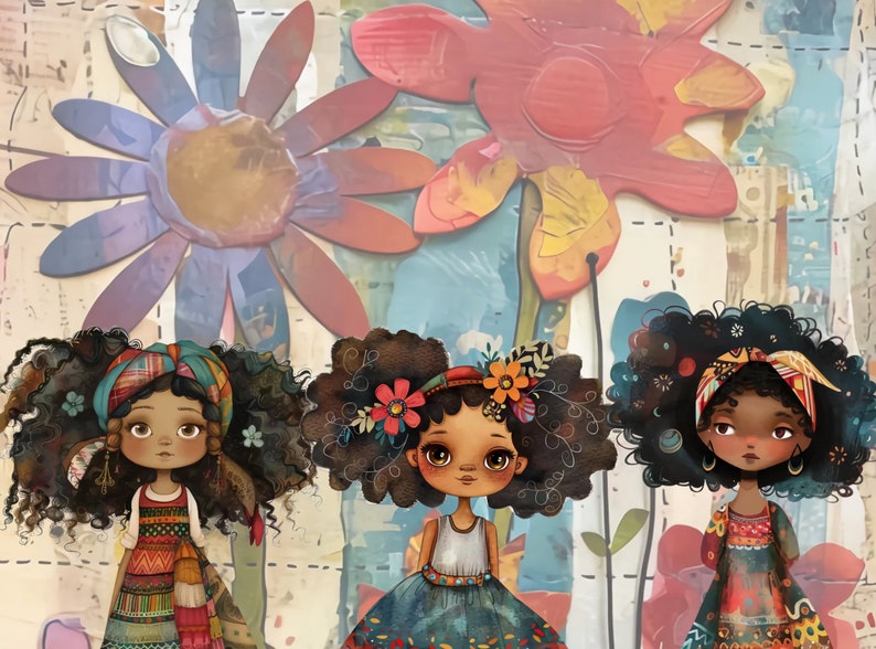 May include: Illustration of three dolls with dark curly hair, each adorned with headbands and floral accents. They wear colorful dresses, set against a backdrop of large, stylized flowers in shades of red, pink, and blue. The artwork has a whimsical, artistic style.