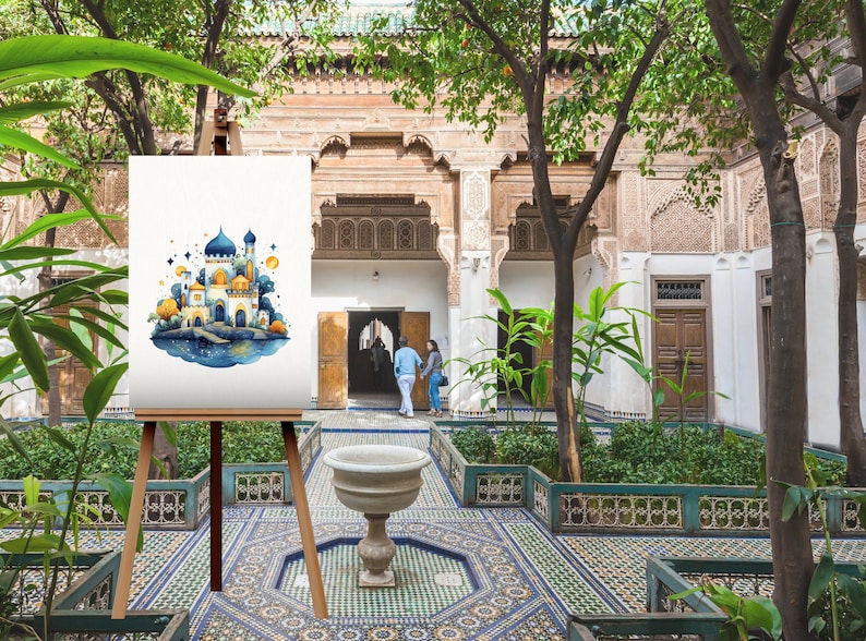 May include: A watercolor painting on canvas depicting a blue and gold castle with a crescent moon and stars. The painting is displayed on an easel in a courtyard with a fountain and tiled floor.