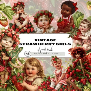 Clipart bébé fille fraise, fraise fille, petite fille victorienne, clipart bébé mignon, fraise fée, fraise patch, fée vintage