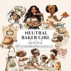 Baker meisje clipart, koken clipart, Afro-Amerikaanse bakker meisje, banketbakker clipart, zoete gebakjes clipart, Baker apparaten, vintage