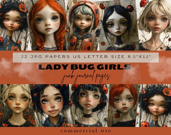 Whimsical Girl Junk Journal Pages, Lady Bug Girl, Insect Junk Journal Kit, Quirky Surreal Girl, Lady Bird Digital Paper, Digital Background