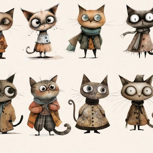 Puede incluir: Una ilustraci&oacute;n digital de ocho gatos con diferentes atuendos. Los gatos llevan todos abrigos, bufandas y sombreros. Los gatos miran todos al espectador.