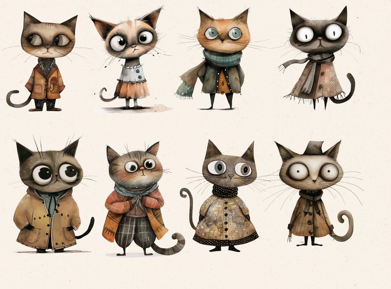 Puede incluir: Una ilustraci&oacute;n digital de ocho gatos con diferentes atuendos. Los gatos llevan todos abrigos, bufandas y sombreros. Los gatos miran todos al espectador.