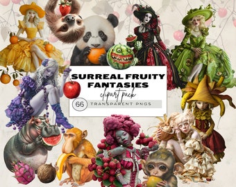 Quirky People Clipart, Surreal Clipart, Whimsical Clipart, Summer Fruit Girl, Mango, Sloth Clipart, Peculiar Characters, Quirky Junk Journal