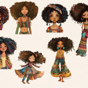 May include: Watercolor illustrations of seven girls with curly brown hair, each adorned in bohemian-style clothing. The girls wear colorful tops, flared pants, and floral headbands. The artwork has a whimsical, artistic style with soft colors and detailed patterns.
